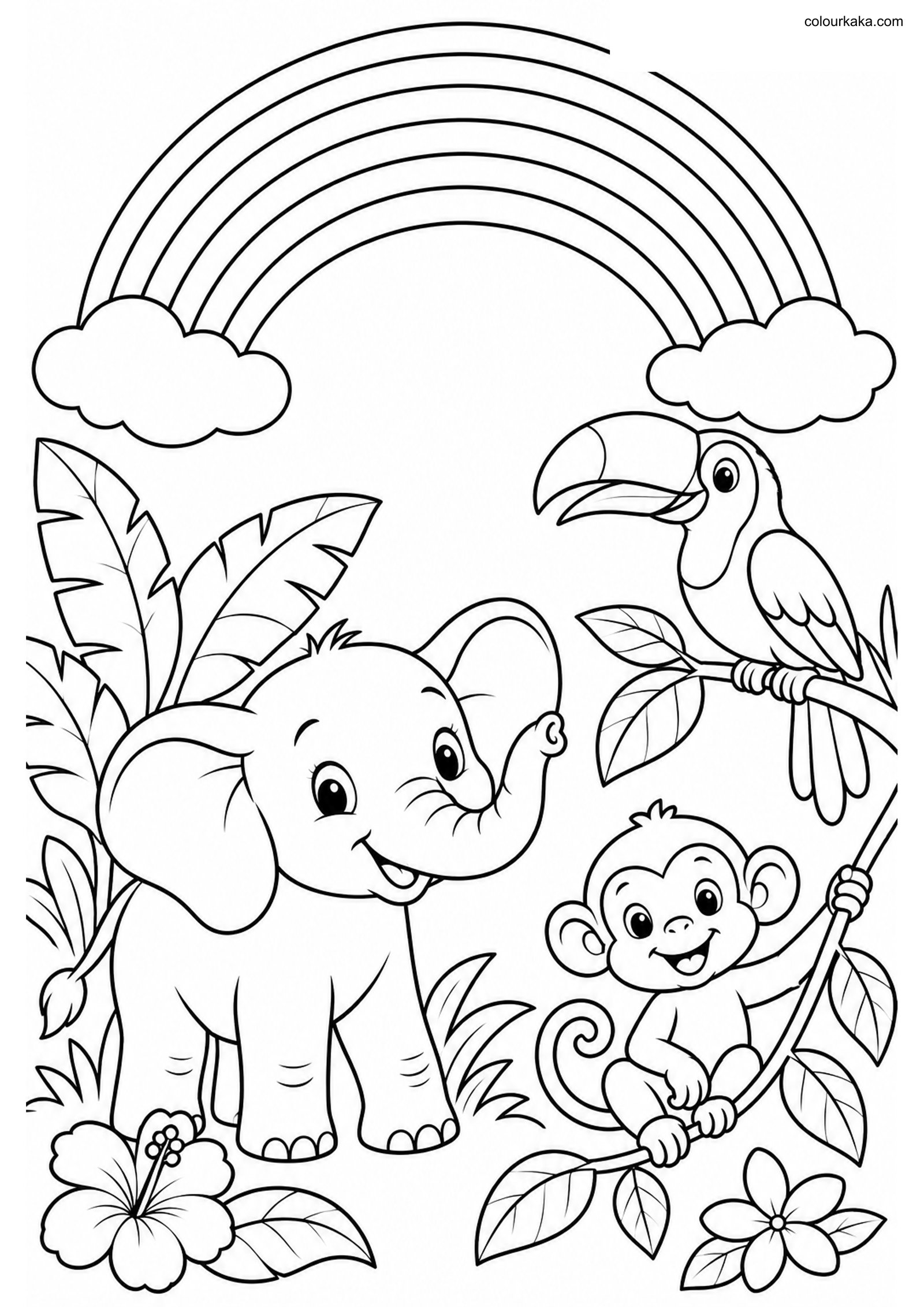 Jungle Rainbow Colouring Page colouring page preview