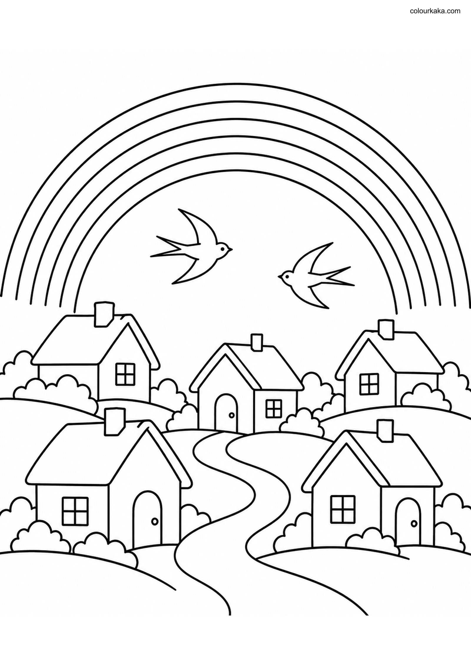 Rainbow Village Colouring Page colouring page preview