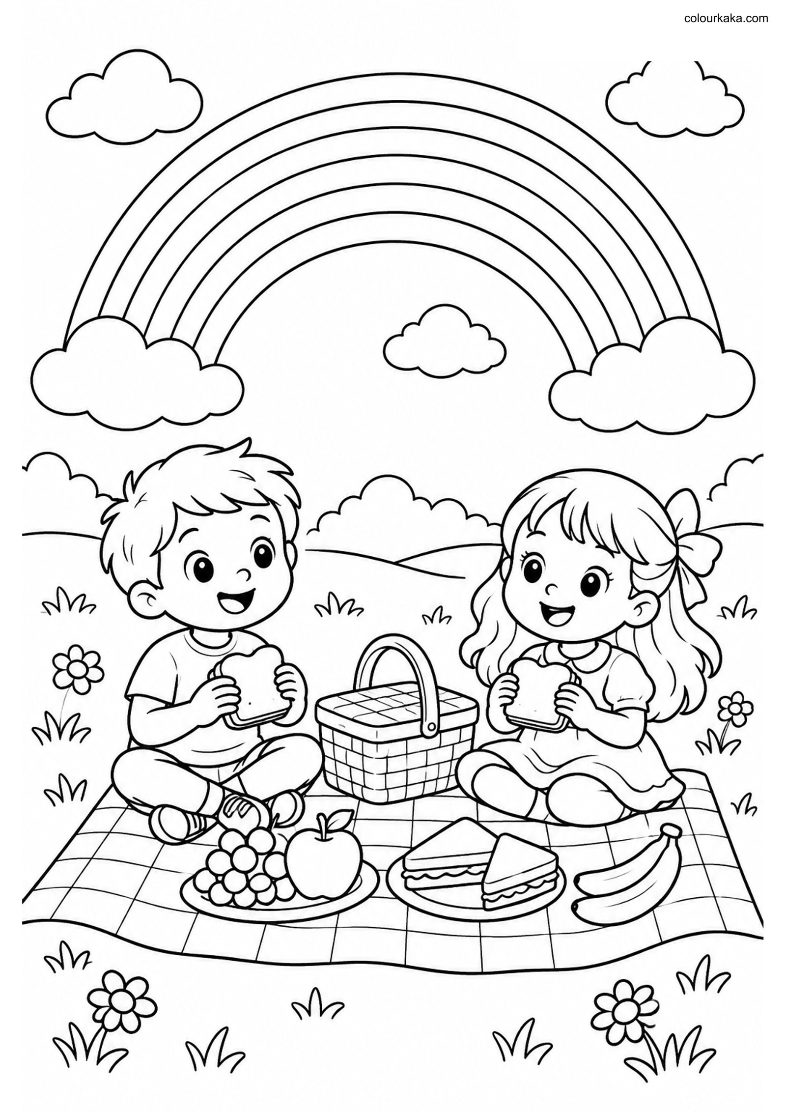 Rainbow Picnic Colouring Page colouring page preview