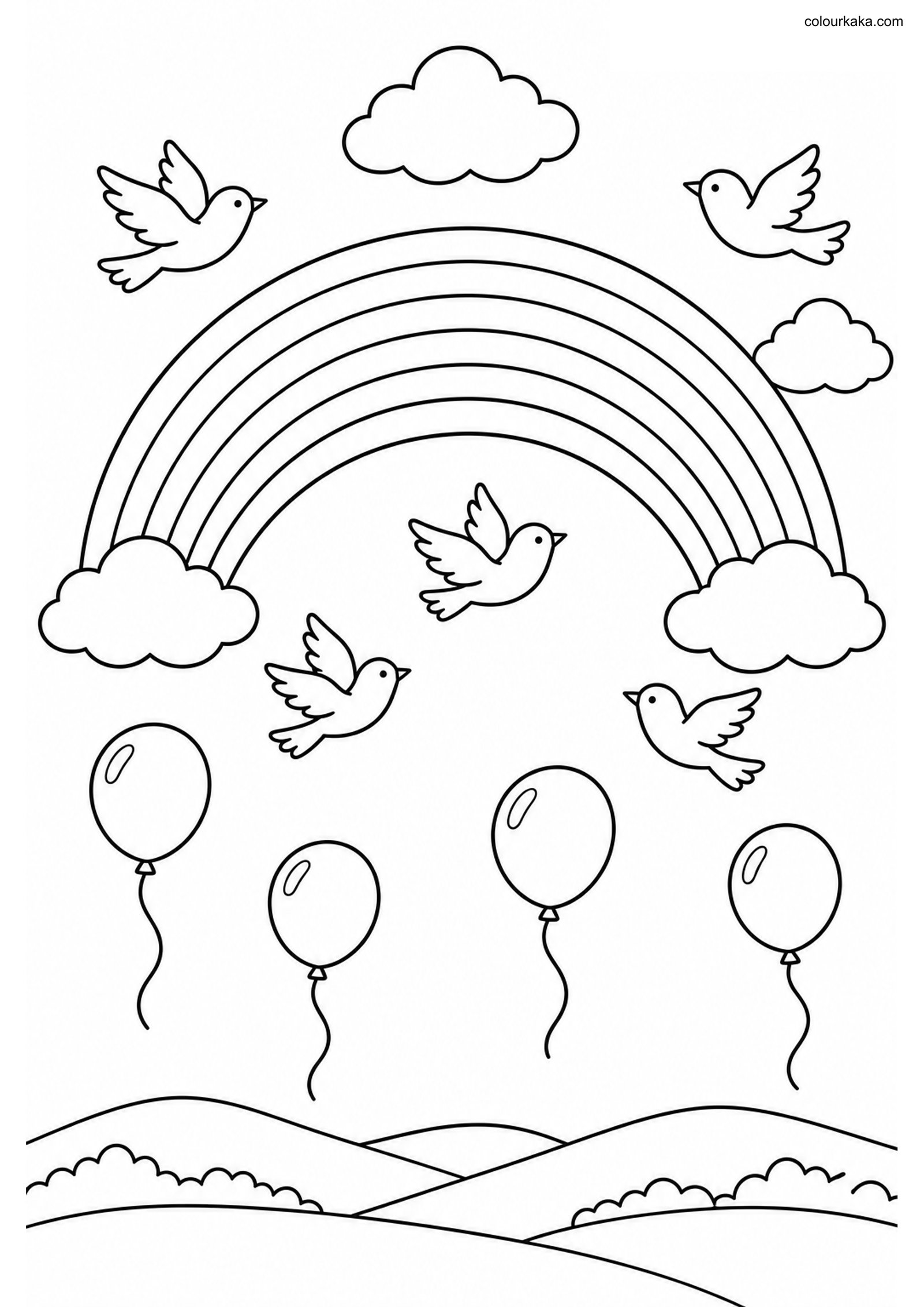 Rainbow Birds Balloon Colouring colouring page preview