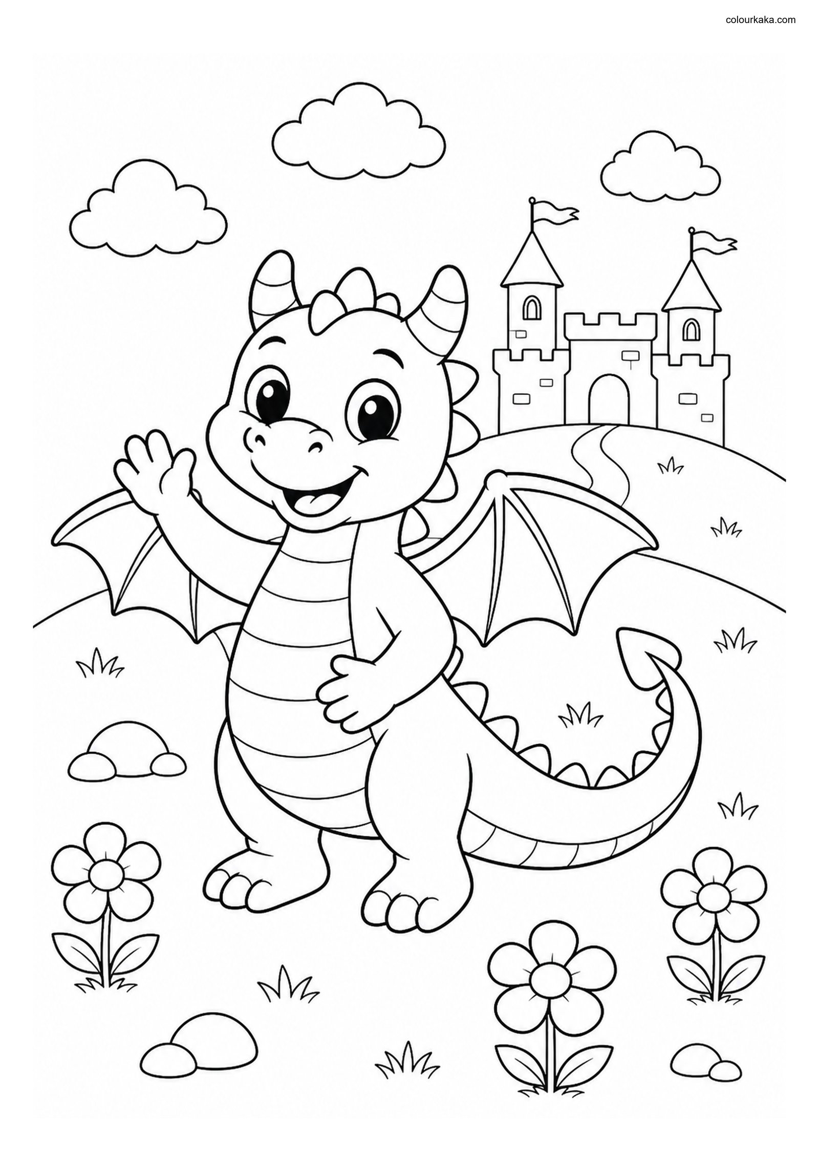Friendly Dragon Colouring Quest colouring page preview