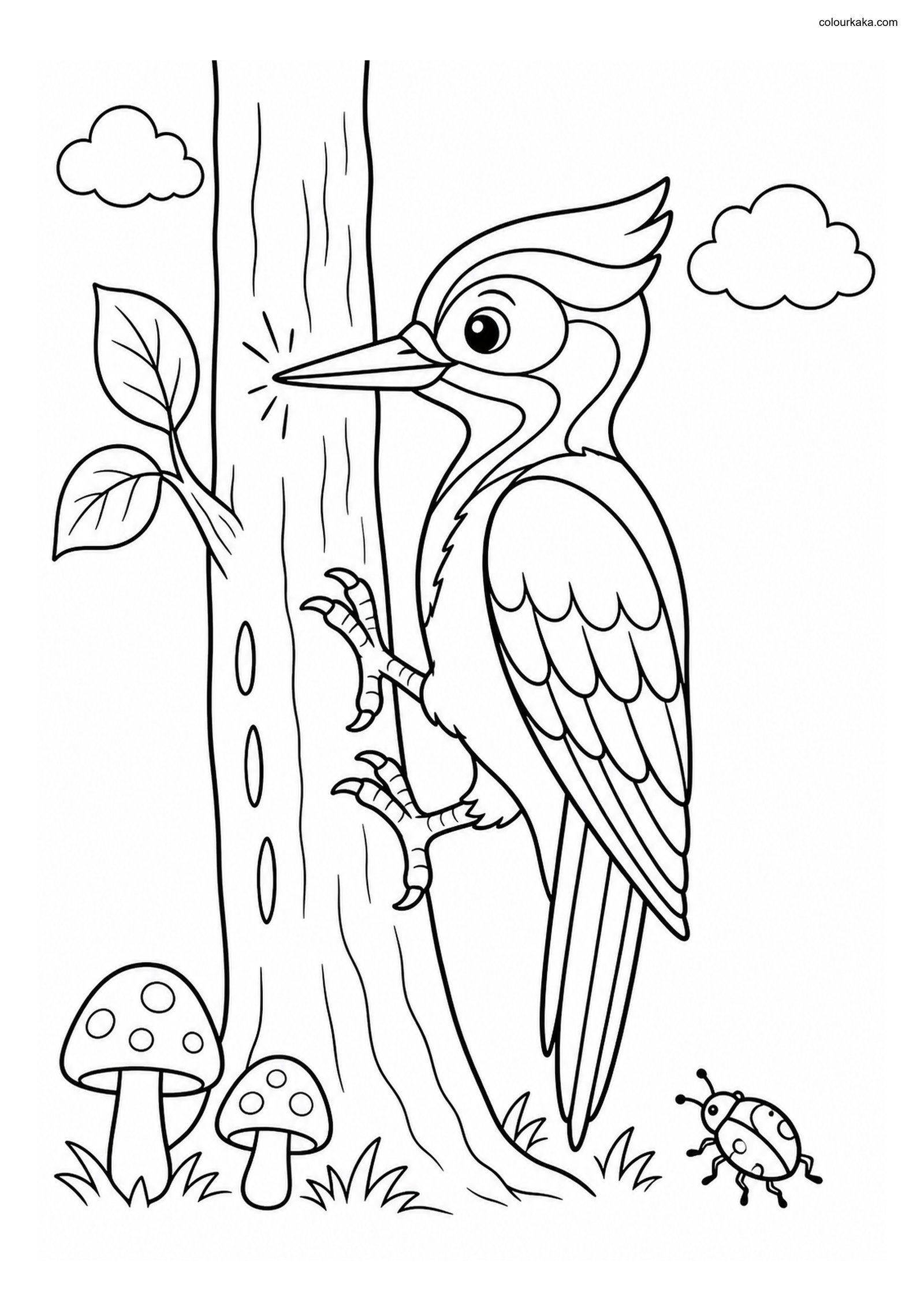 Cute Woodpecker colouring page preview