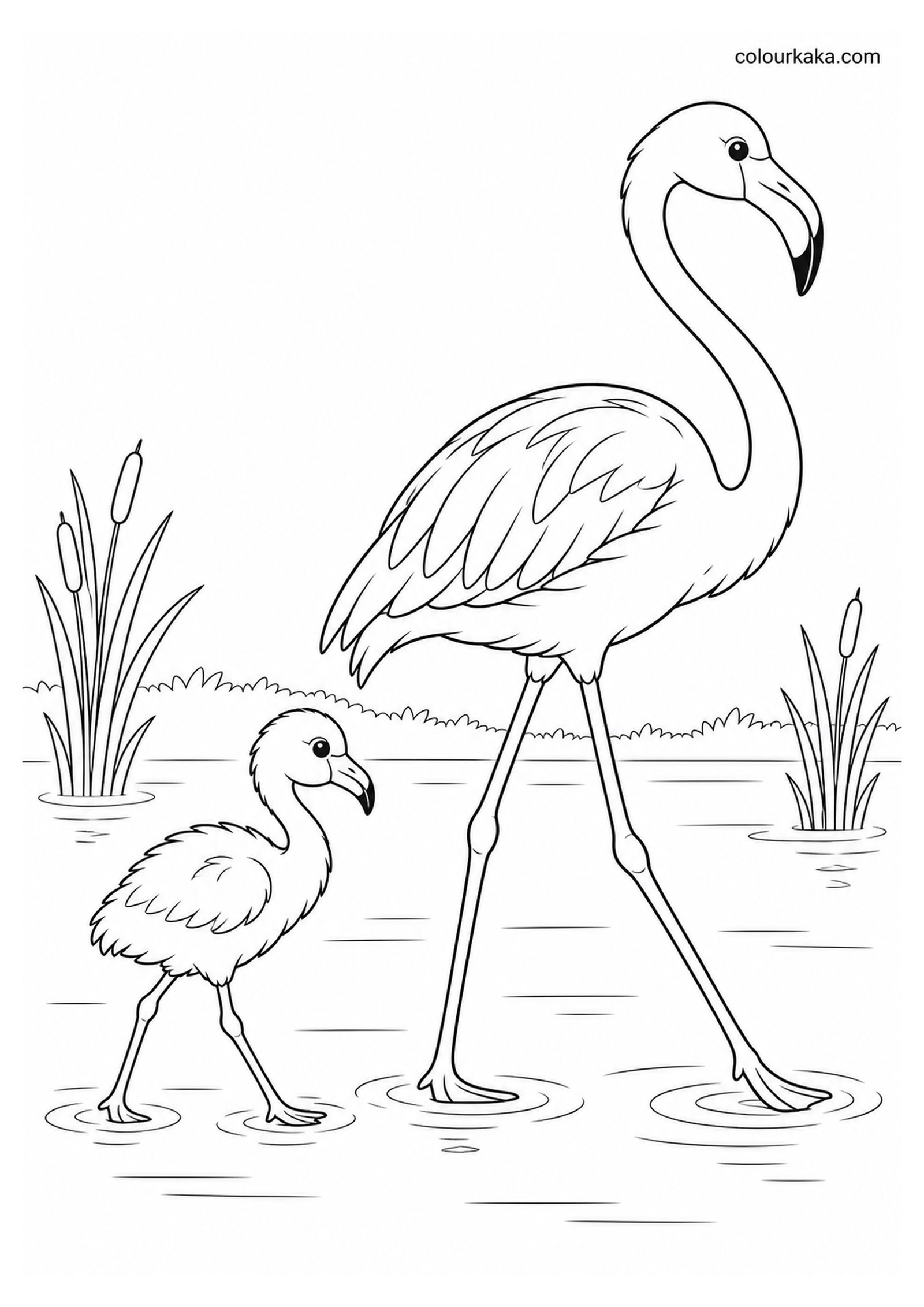 Baby Flamingo Following Its Mother Colouring Page colouring page preview