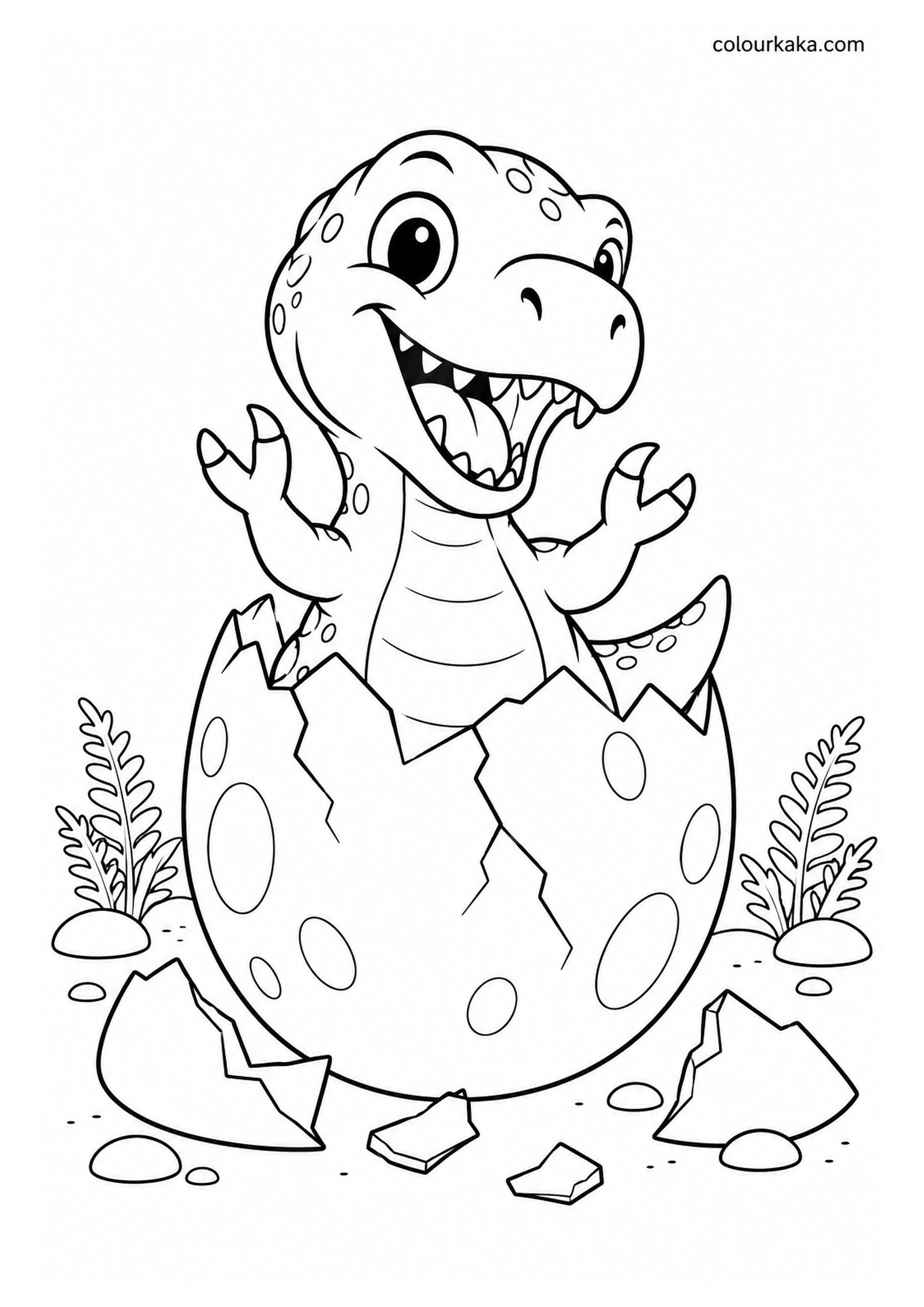 Baby T-Rex Hatching from an Egg Colouring Page colouring page preview