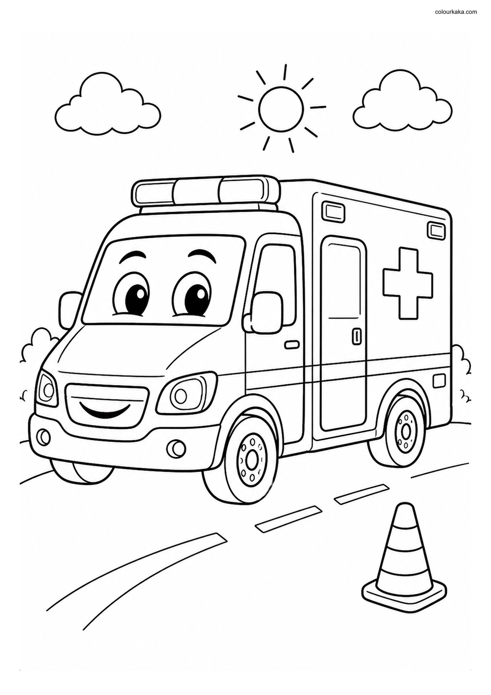 Friendly Ambulance Colouring Page colouring page preview