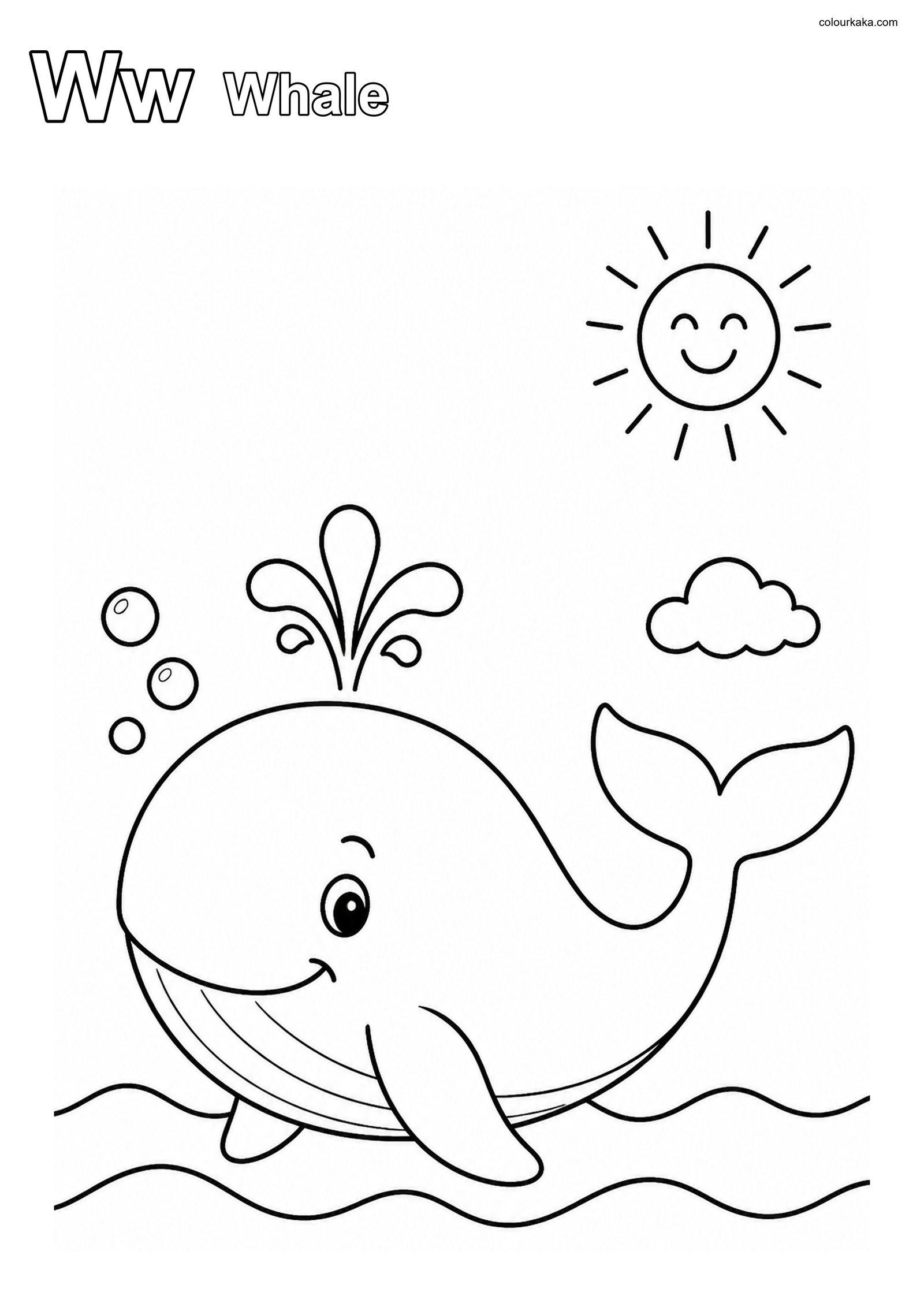 Ww Whale Alphabet Learning colouring page preview