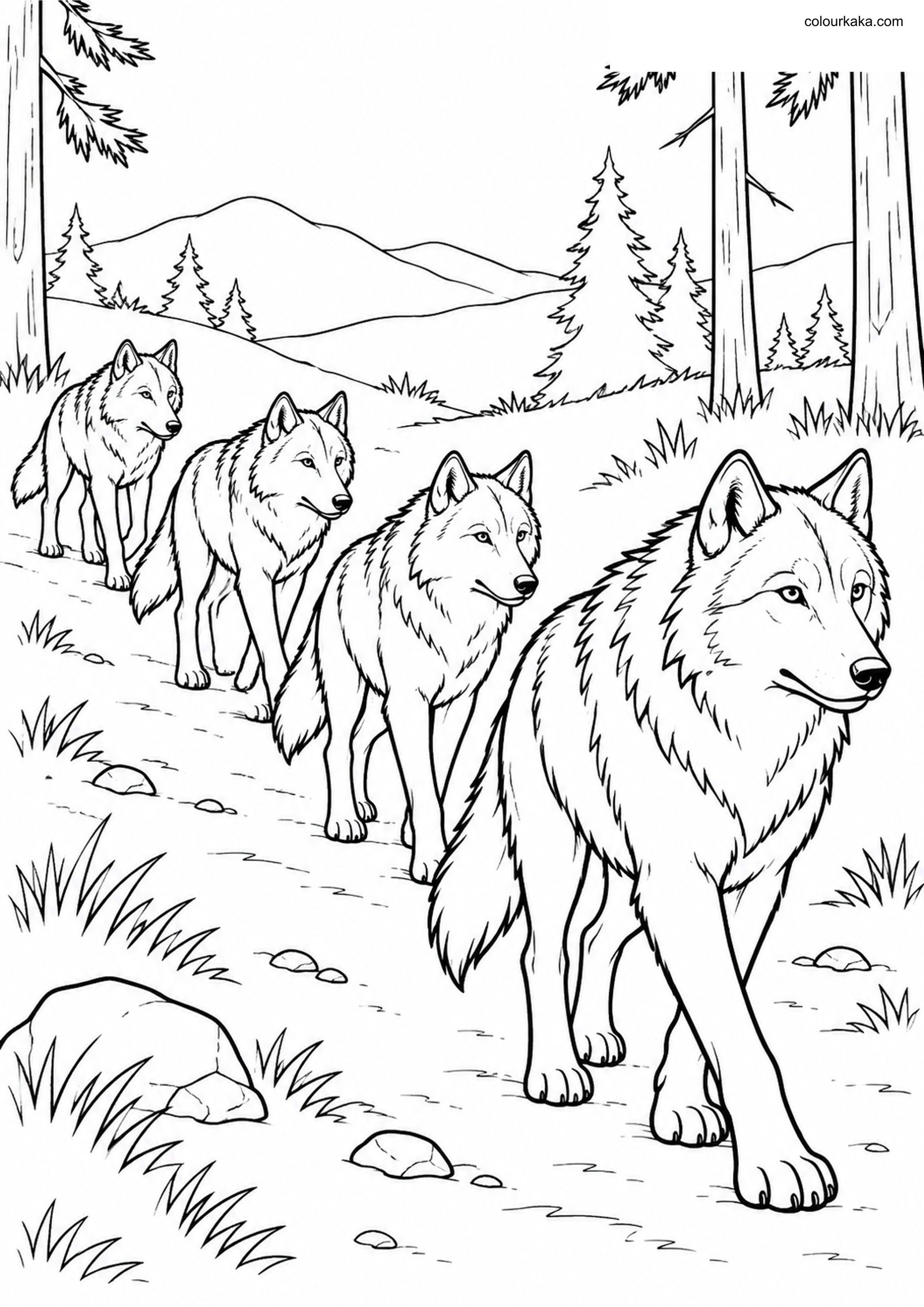 Traveling Gray Wolf Pack Page colouring page preview