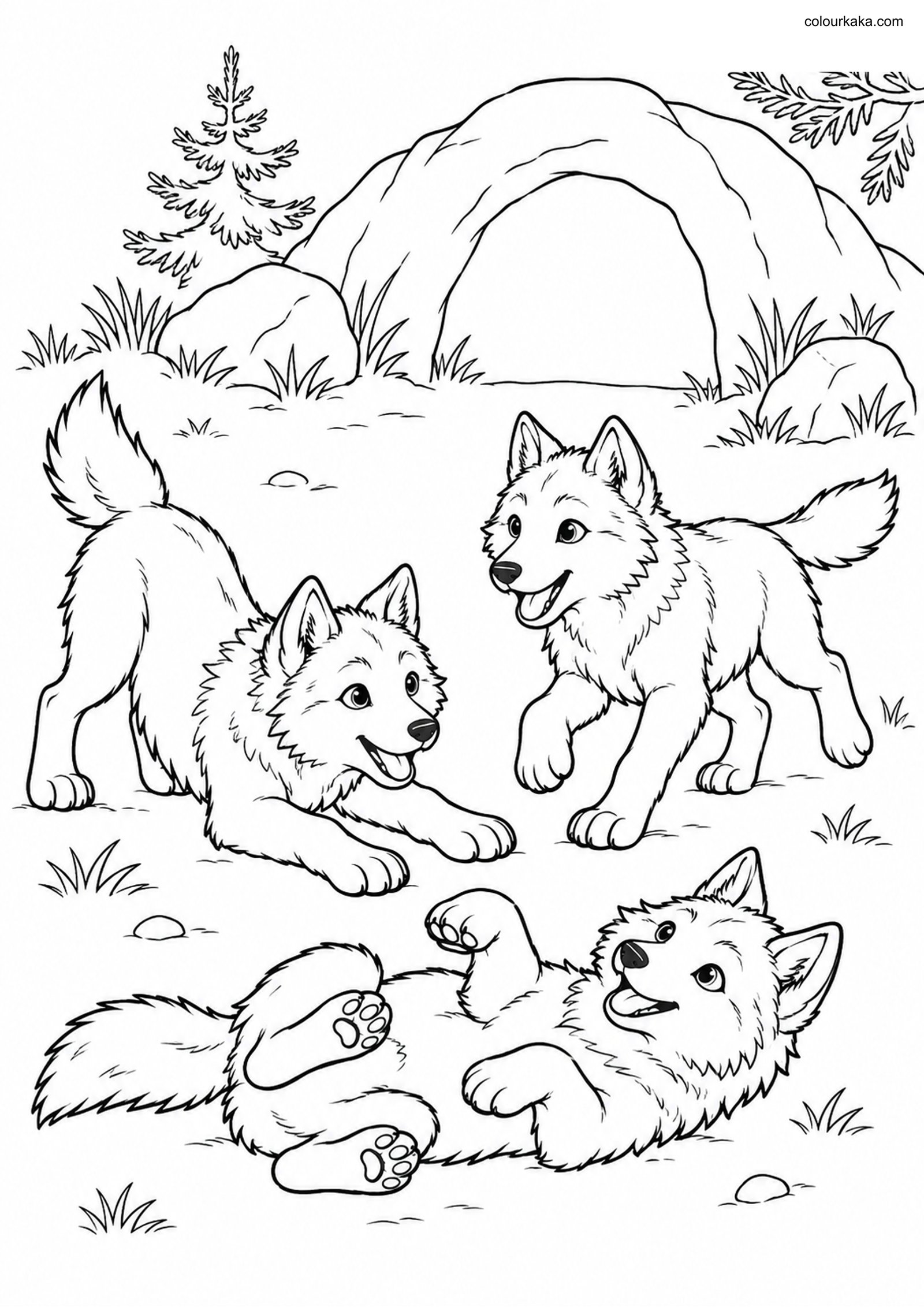 Playful Gray Wolf Pups Page colouring page preview
