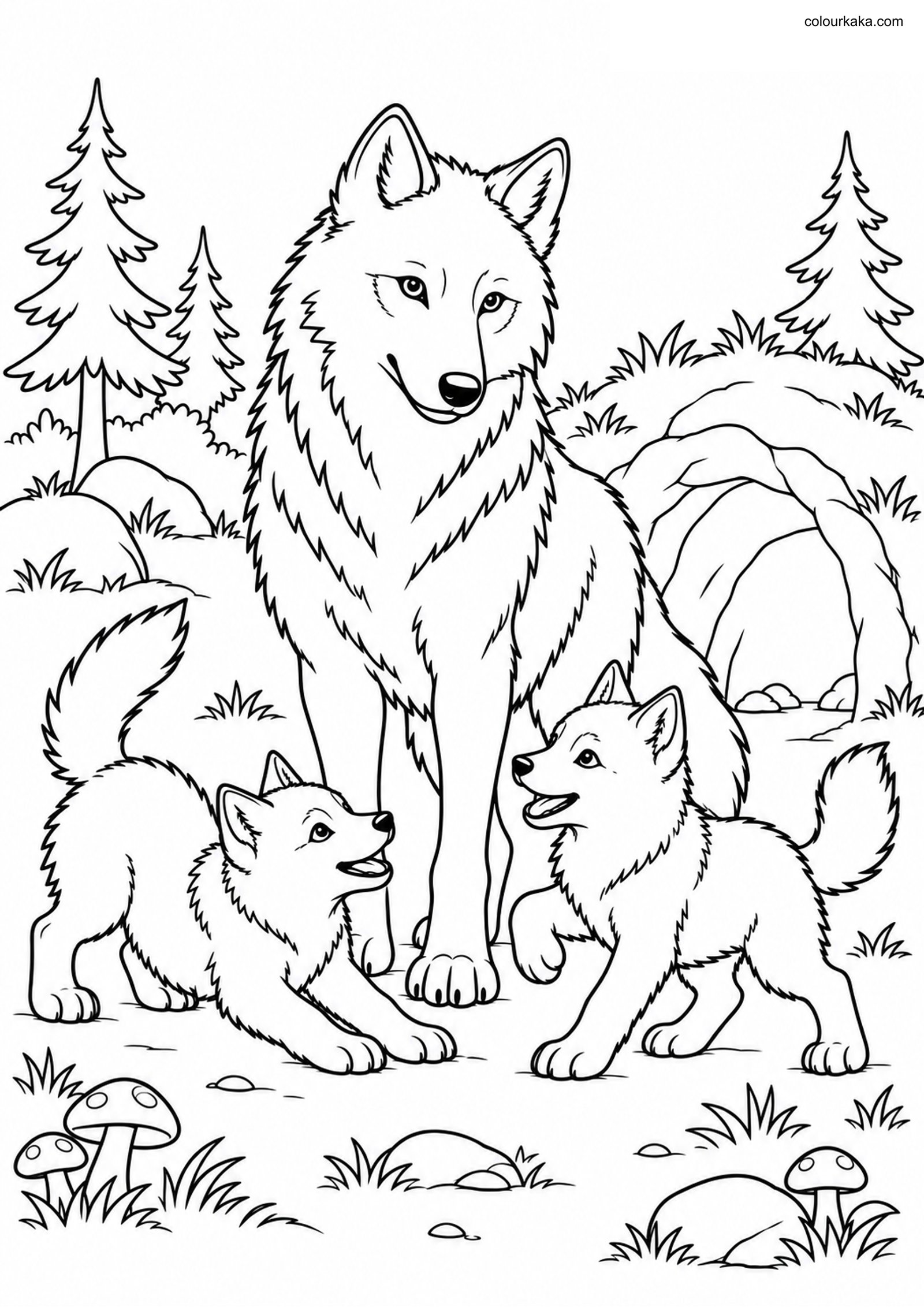 Mother Gray Wolf and Pups colouring page preview
