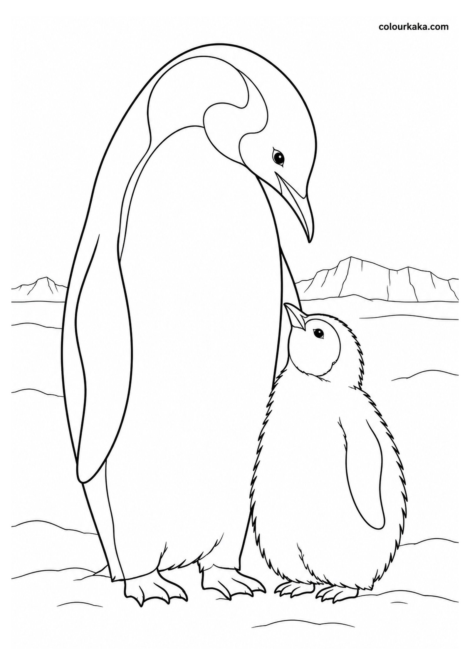 Mother Penguin with Chick Colouring Page colouring page preview