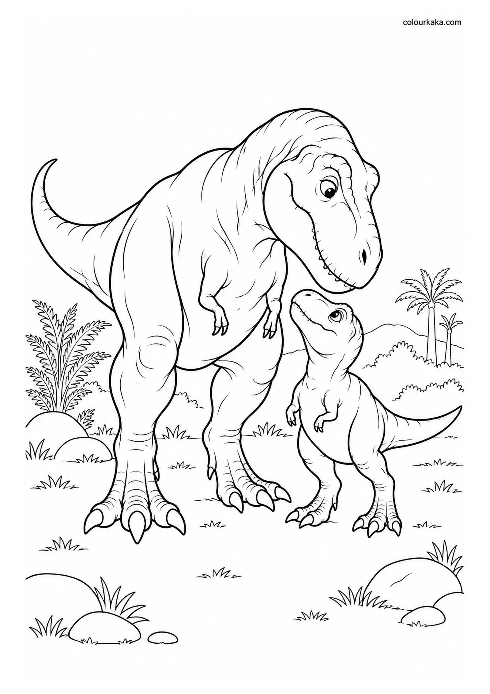 Mother T-Rex with Her Baby Colouring Page colouring page preview