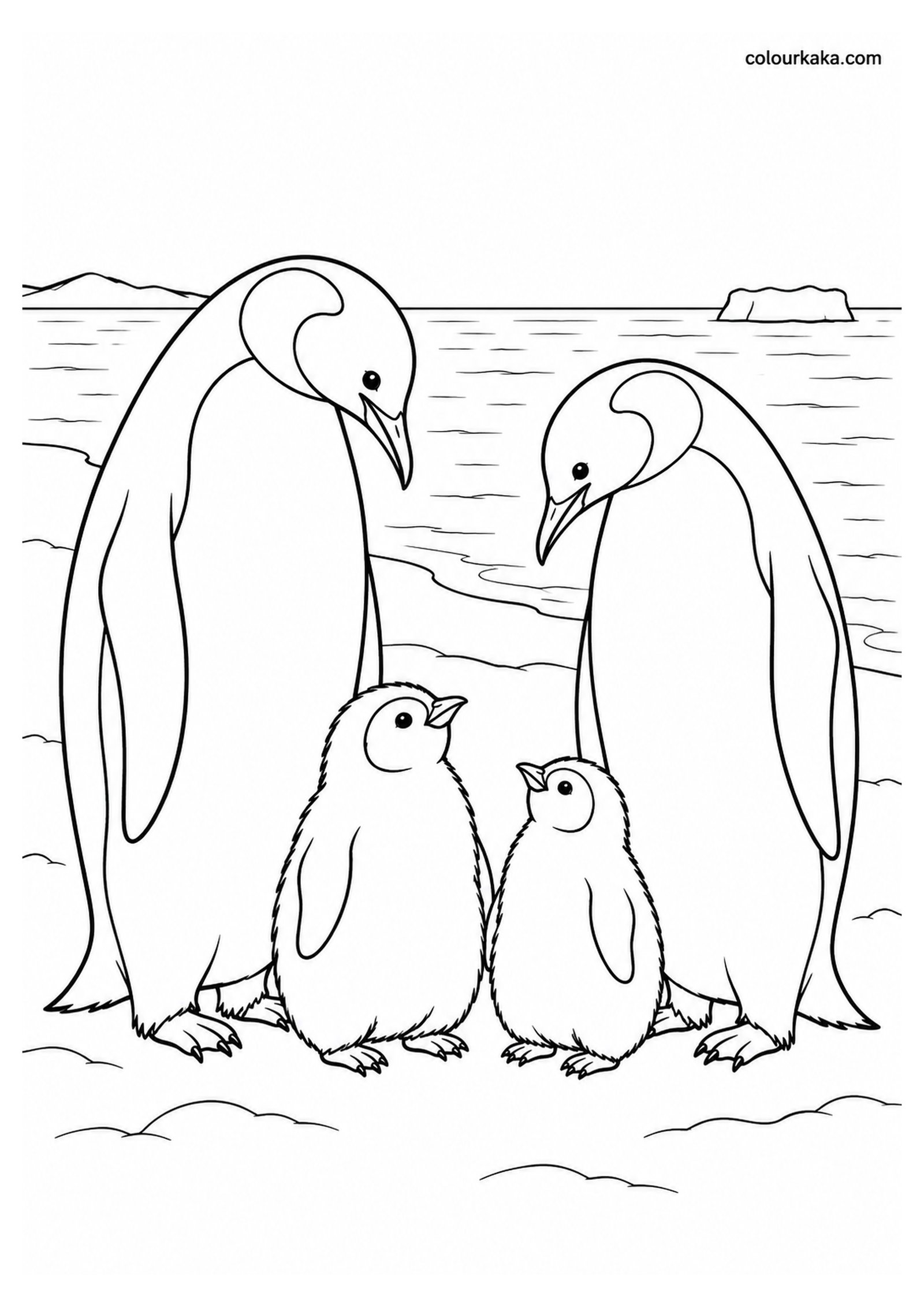Penguin Family Near the Sea Colouring Page colouring page preview