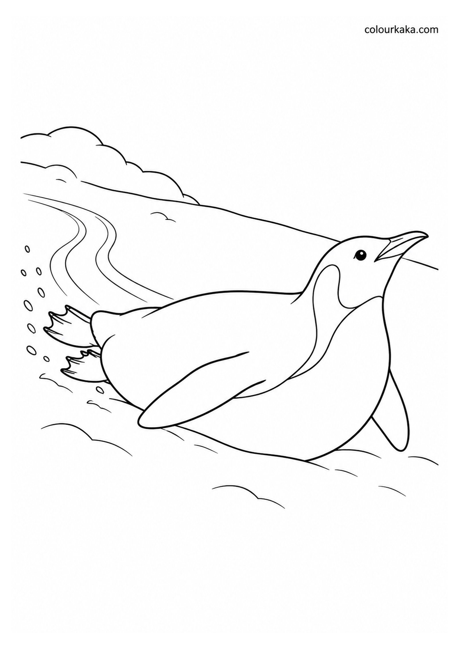 Penguin Sliding on the Snow Colouring Page colouring page preview