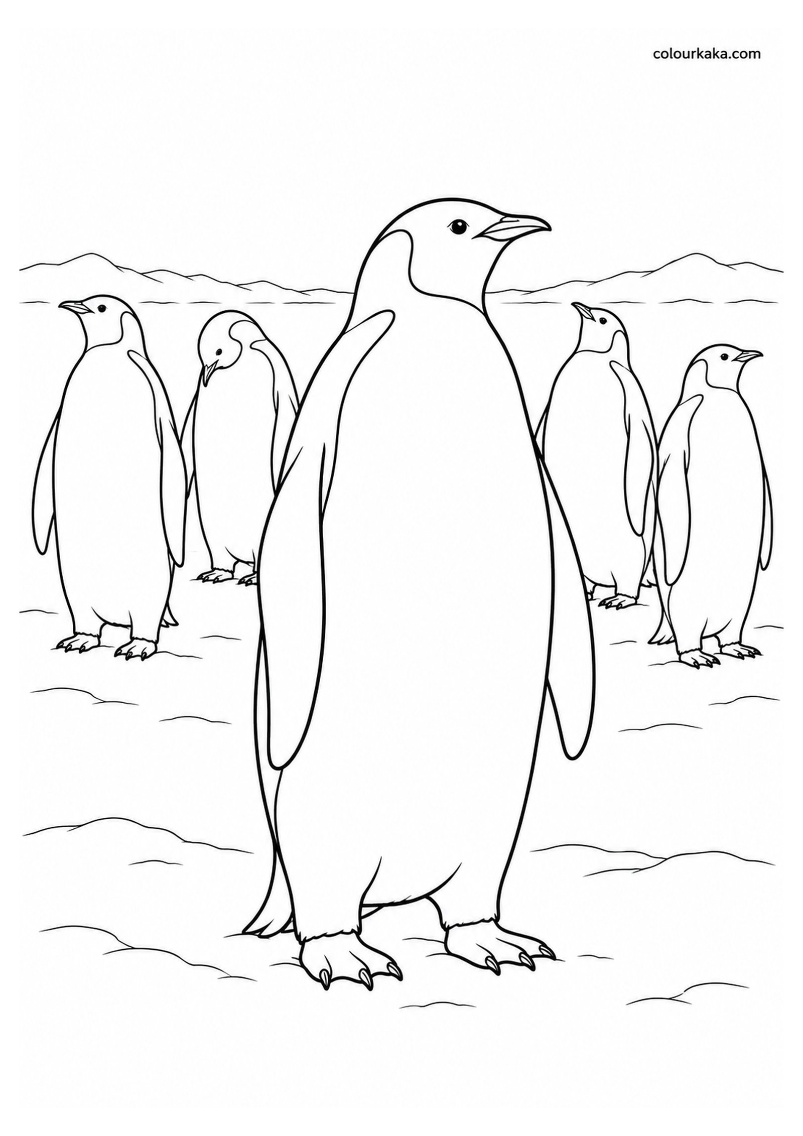 Penguin Standing with Its Colony Colouring Page colouring page preview