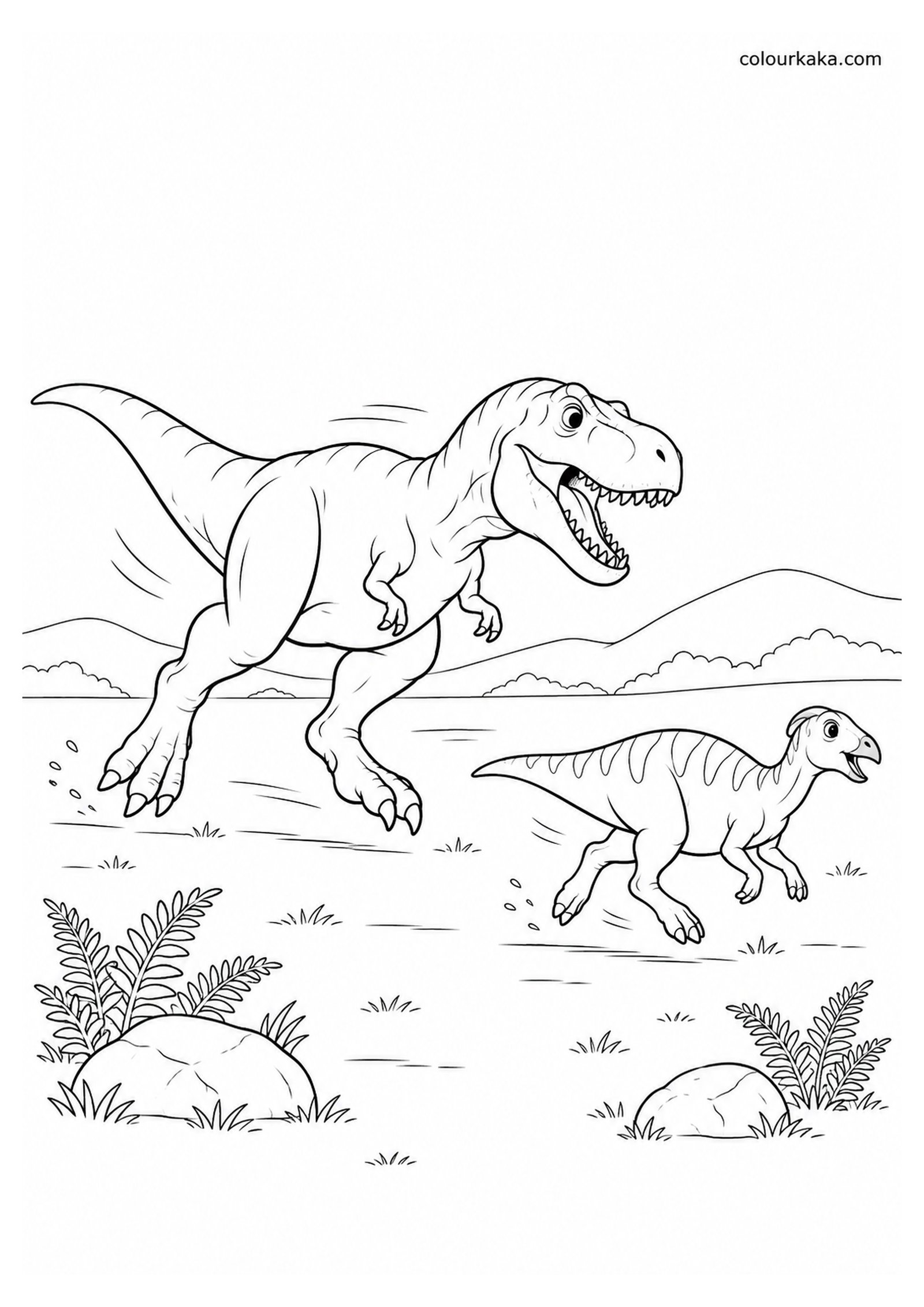 T-Rex Chasing Prehistoric Prey Colouring Page colouring page preview