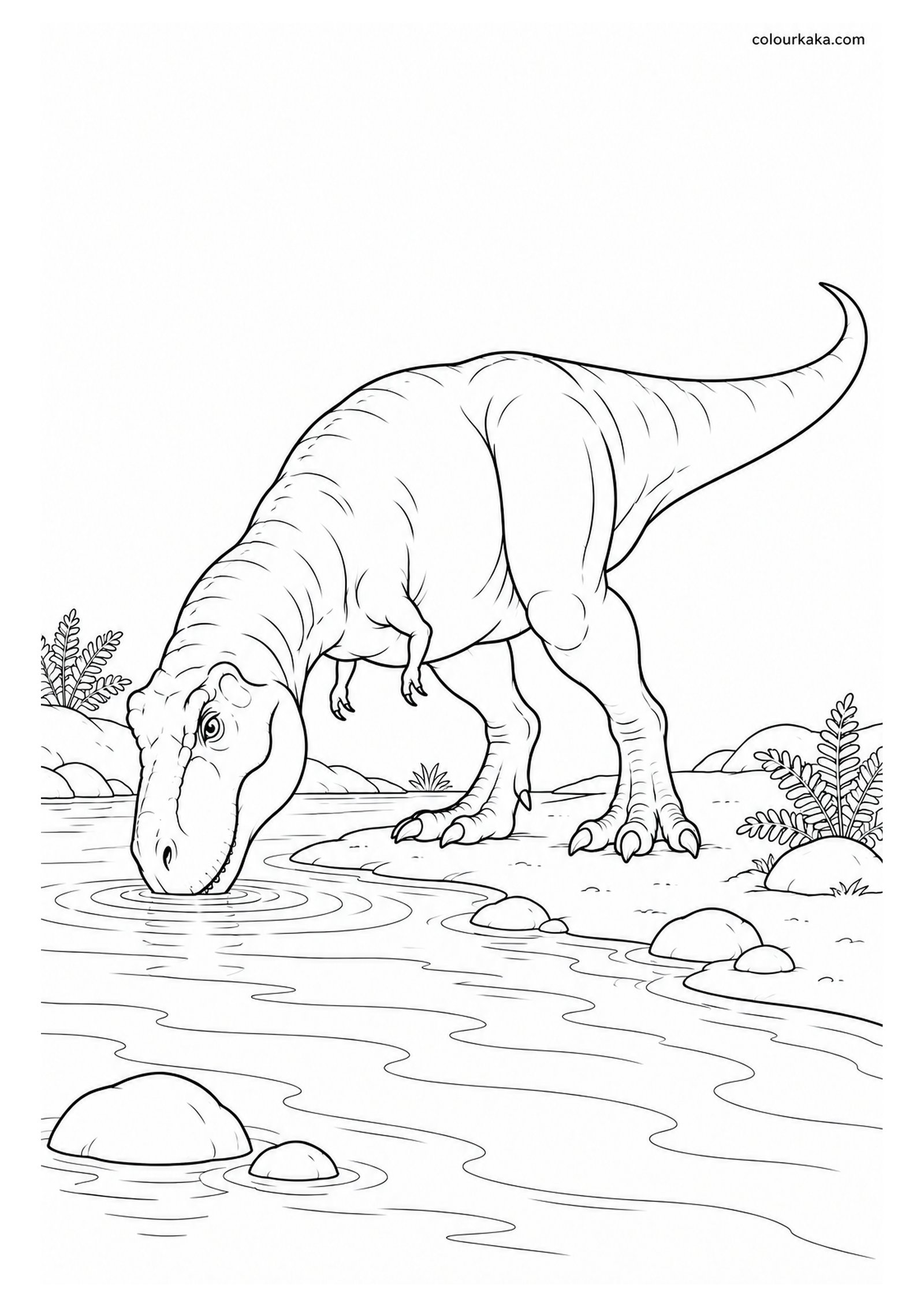 T-Rex Drinking Water by a River Colouring Page colouring page preview