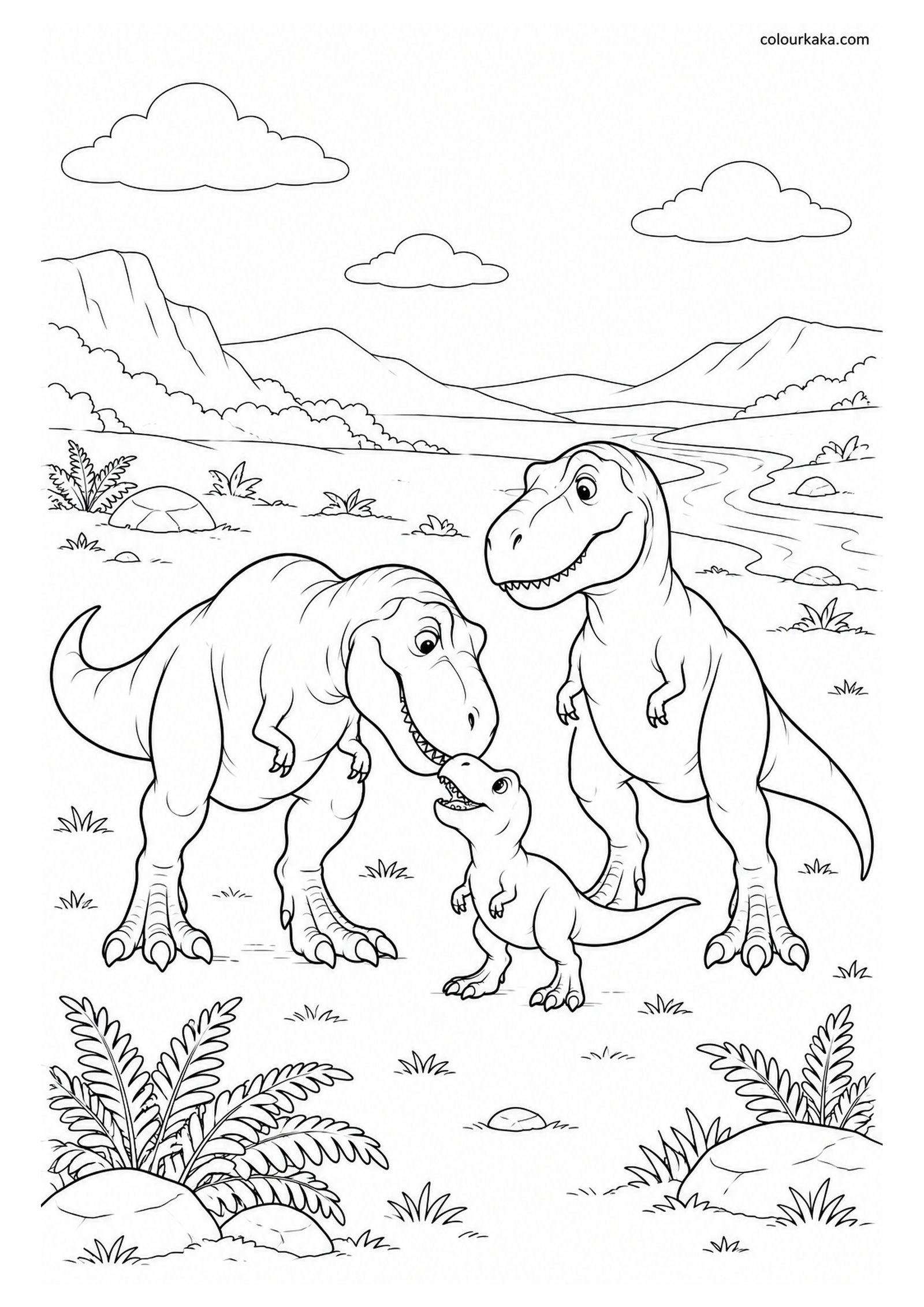 T-Rex Family in the Dinosaur Valley Colouring Page colouring page preview