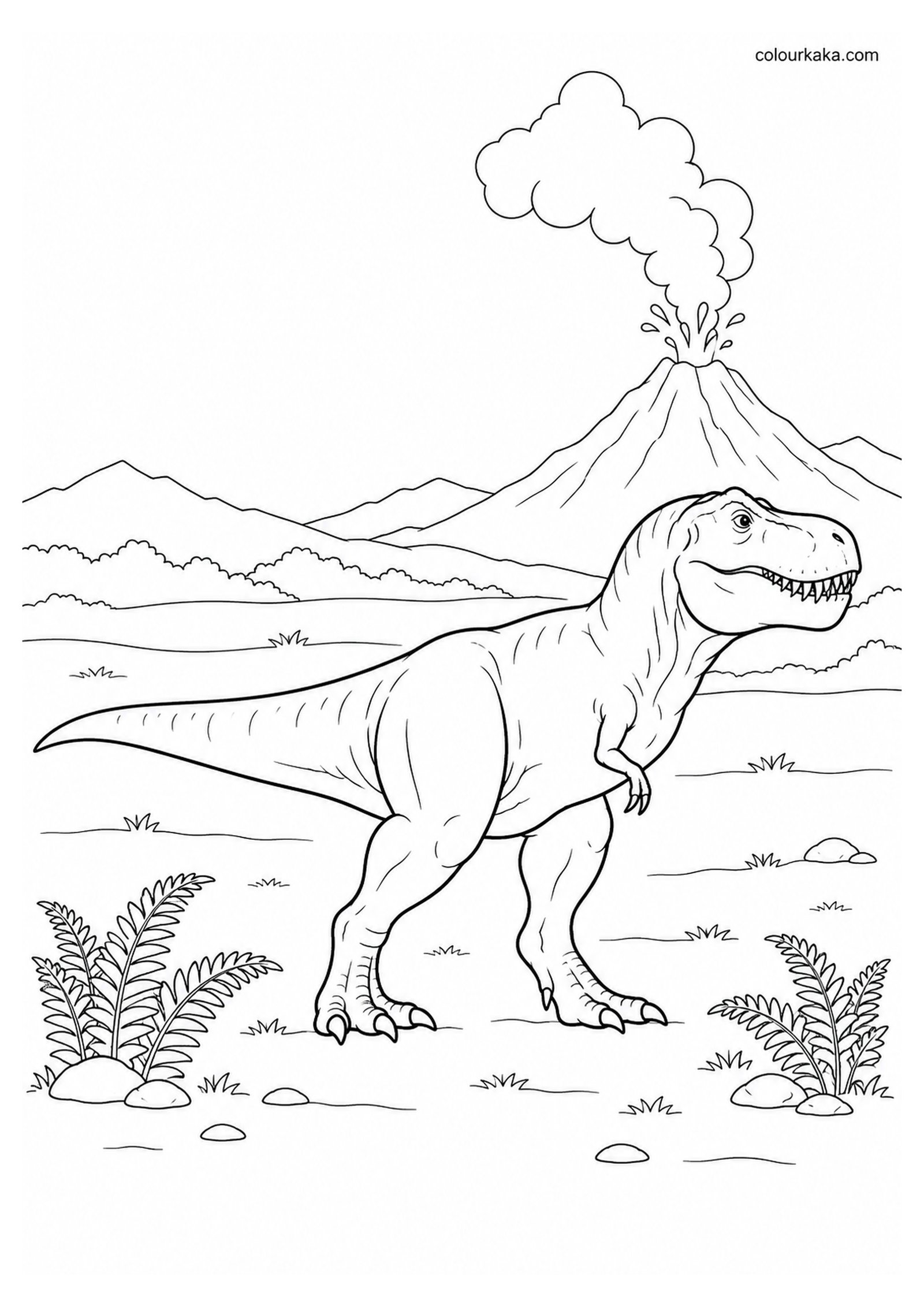 T-Rex Near a Volcano Colouring Page colouring page preview