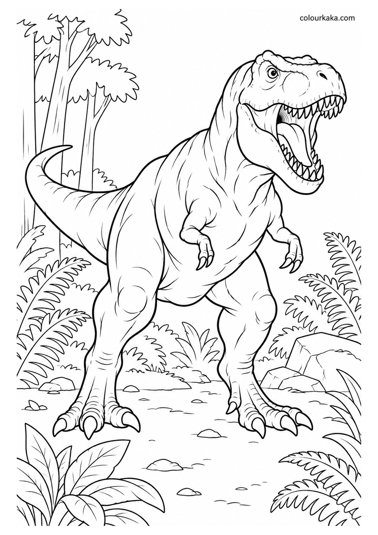 T-Rex Roaring in the Prehistoric Jungle Colouring Page colouring page preview