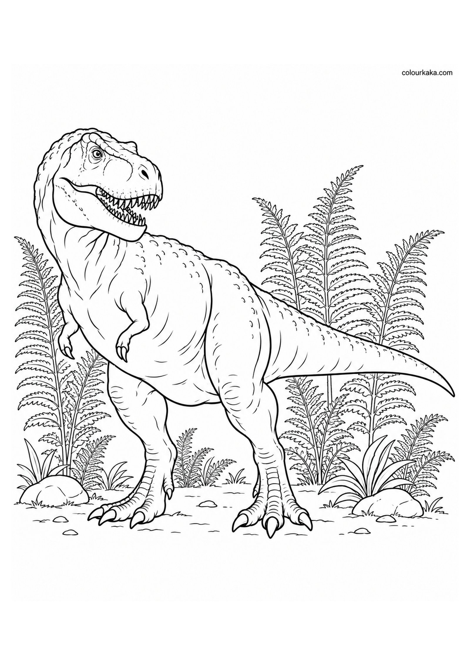 T-Rex Standing Among Tall Ferns Colouring Page colouring page preview