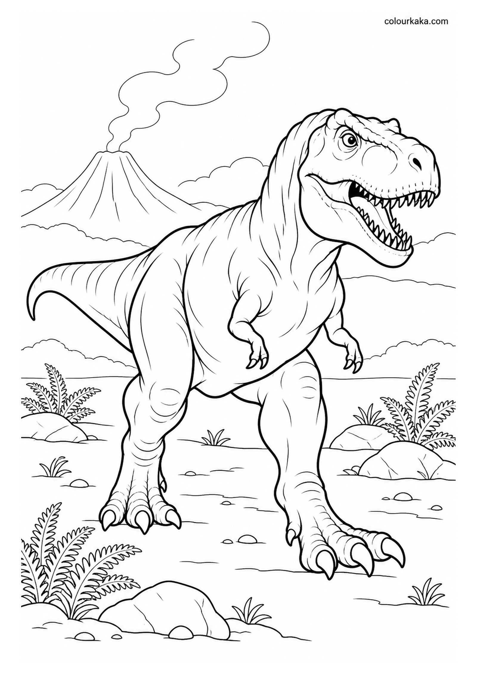 T-Rex Walking Through Volcano Land Colouring Page colouring page preview