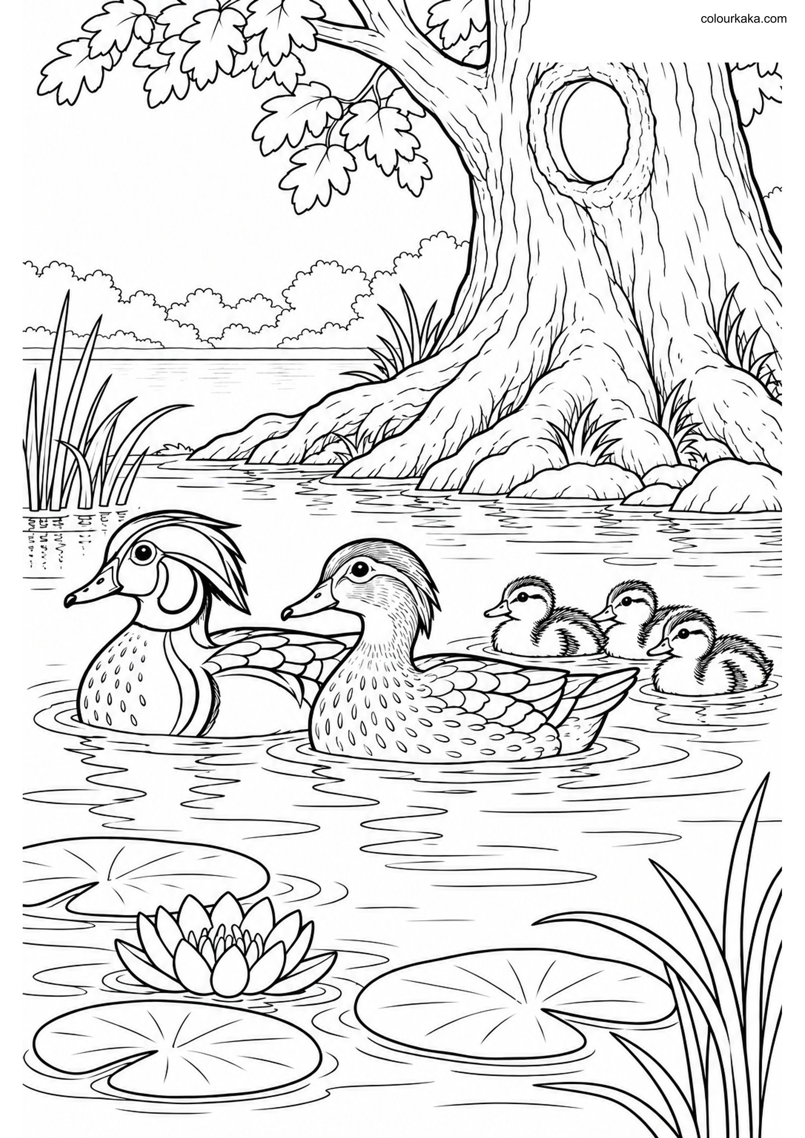 Wood Duck Family Colouring Page colouring page preview