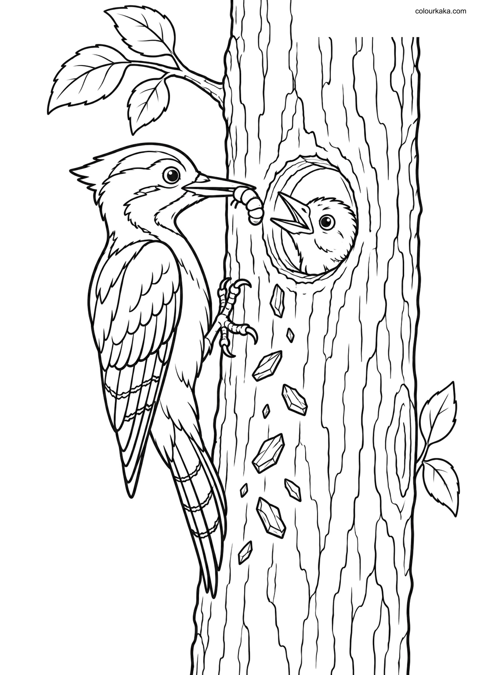 Woodpecker Tree Hole Colouring colouring page preview