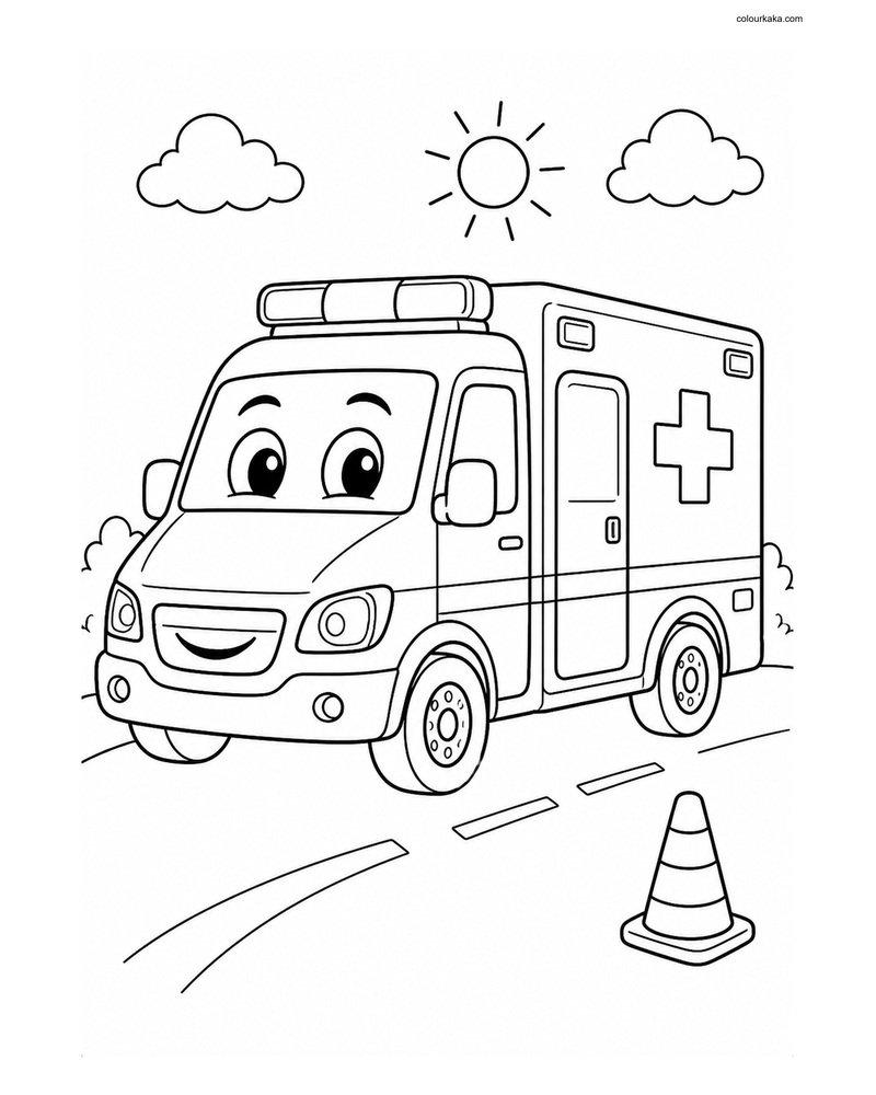 Friendly Ambulance Colouring Page thumbnail