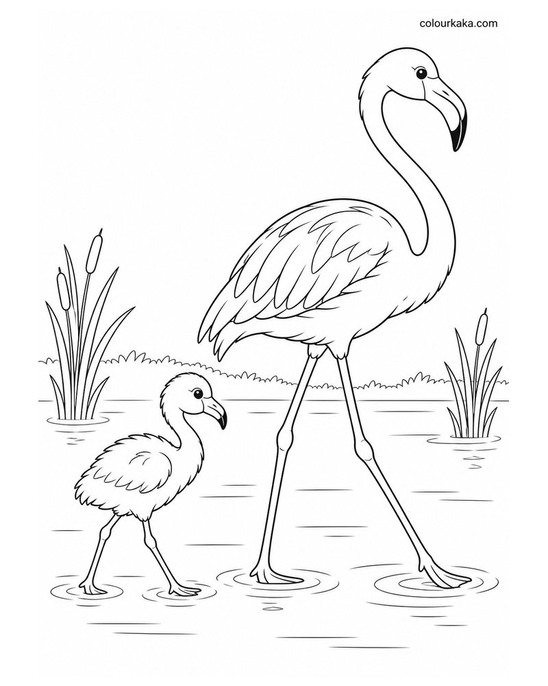 Baby Flamingo Following Its Mother Colouring Page thumbnail
