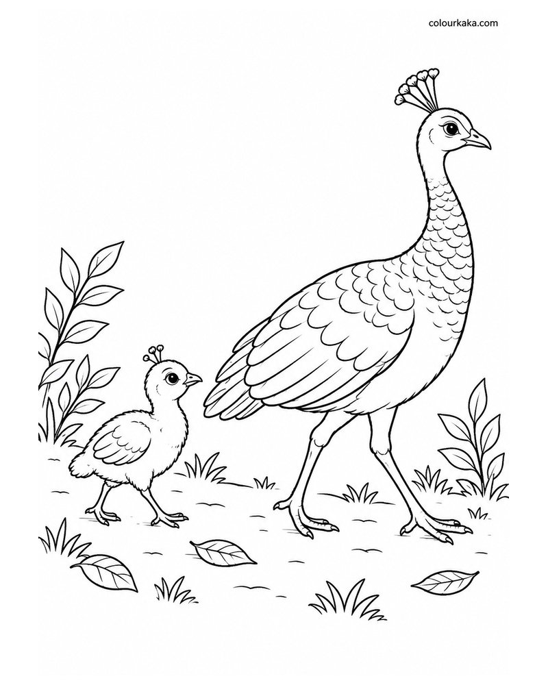Baby Peacock Following Its Mother Colouring Page thumbnail