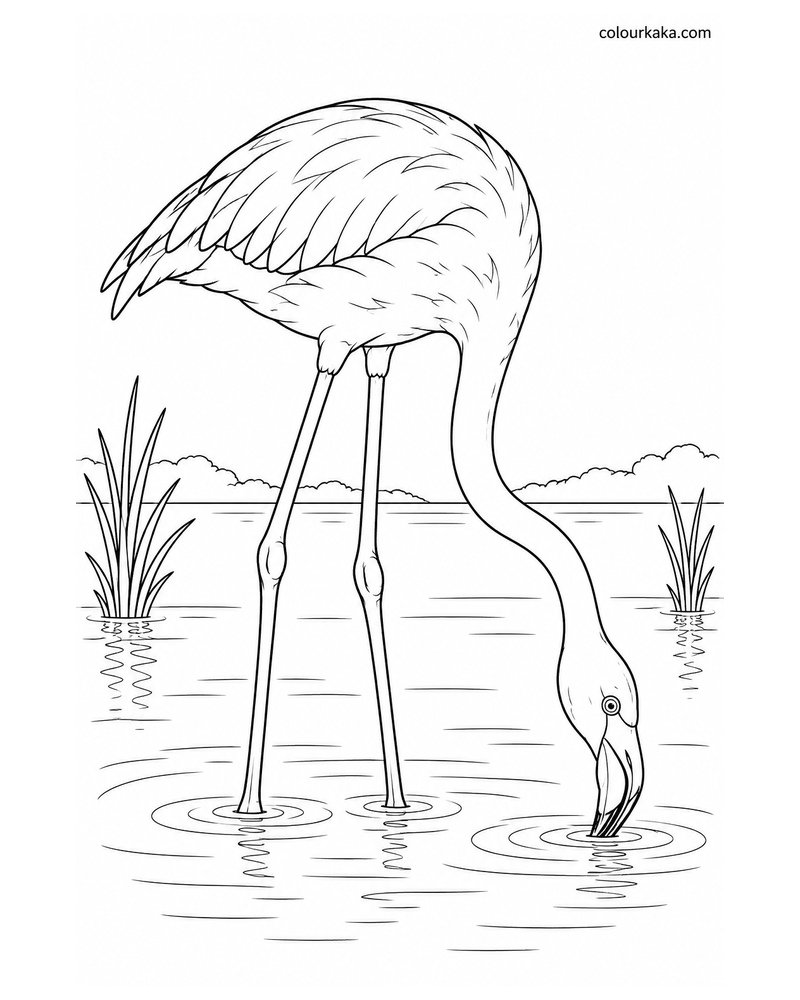 Flamingo Feeding in Shallow Water Colouring Page thumbnail