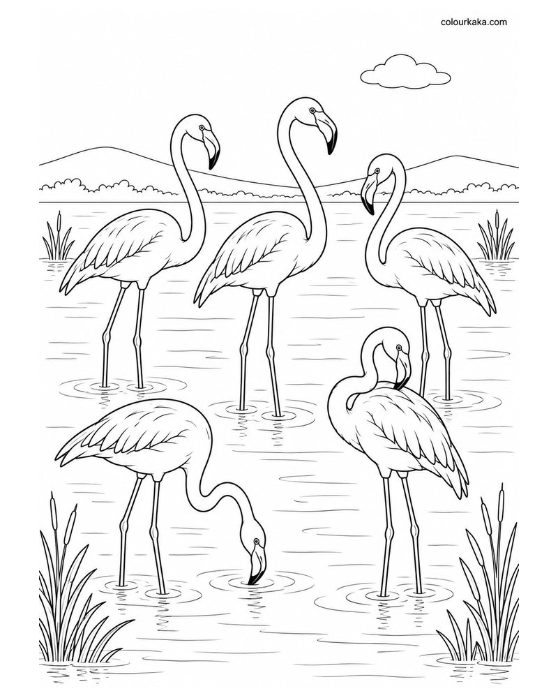 Flamingo Flock at a Beautiful Wetland Colouring Page thumbnail