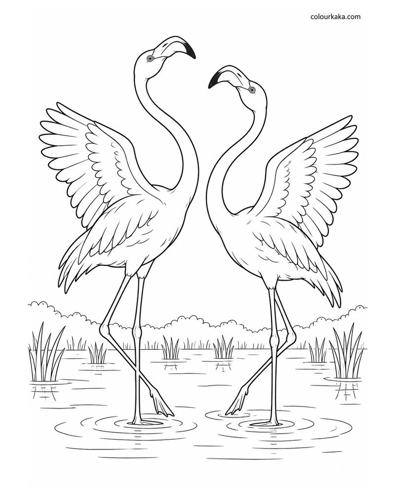 Flamingo Pair Performing a Courtship Dance Colouring Page thumbnail