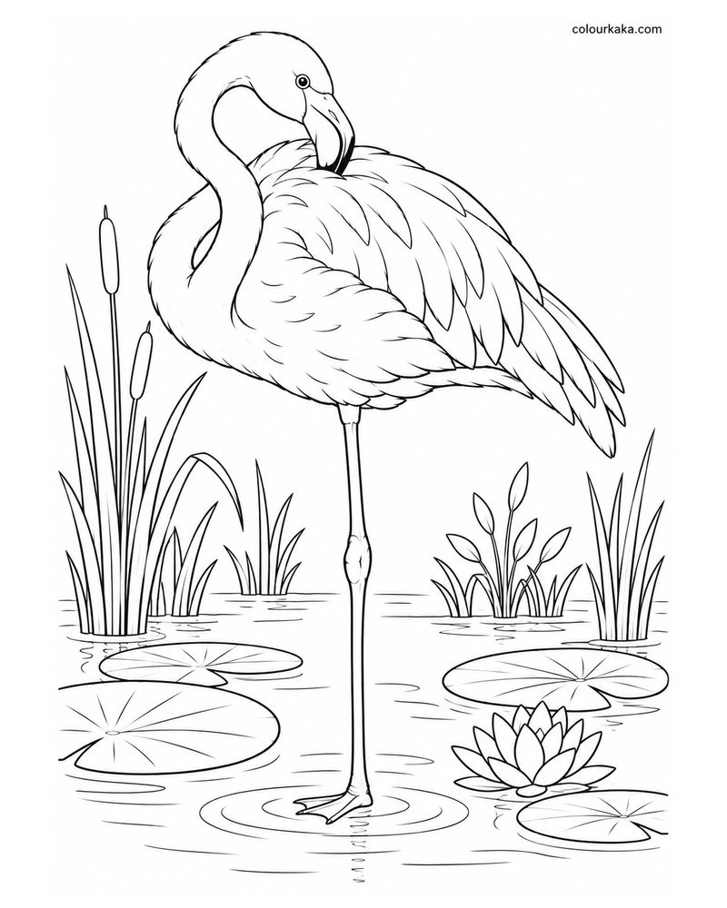 Flamingo Resting Among Water Plants Colouring Page thumbnail