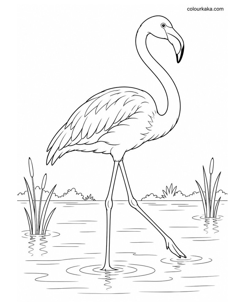 Flamingo Walking Through a Lagoon Colouring Page thumbnail