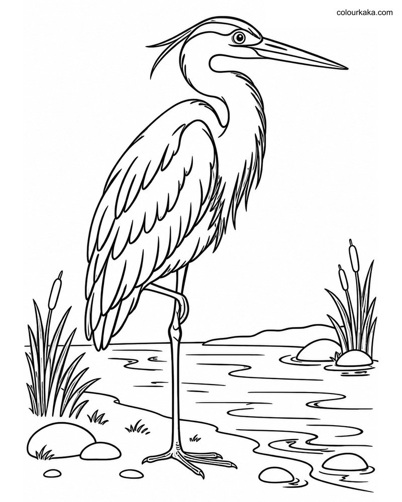 Heron Riverbank Colouring Page thumbnail