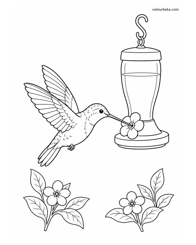 Hummingbird Garden Feeder Colouring Page thumbnail