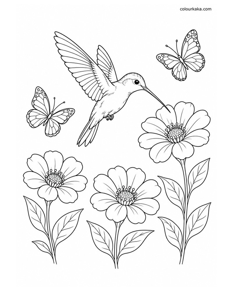 Hummingbird with Butterflies Colouring Page thumbnail