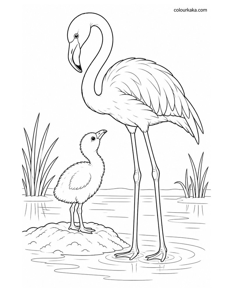Mother Flamingo with Her Chick Colouring Page thumbnail