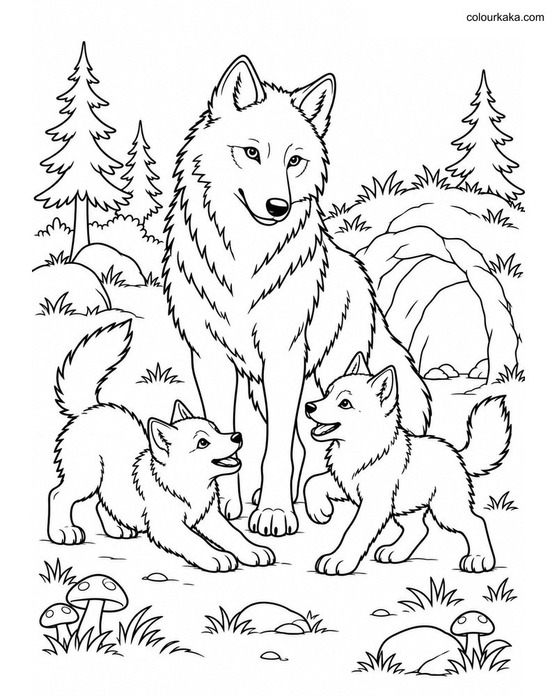 Mother Gray Wolf and Pups thumbnail