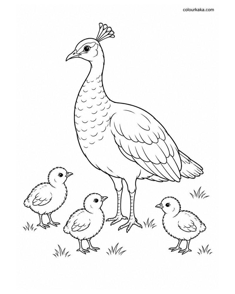 Mother Peacock with Chicks Colouring Page thumbnail
