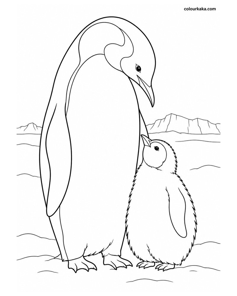 Mother Penguin with Chick Colouring Page thumbnail