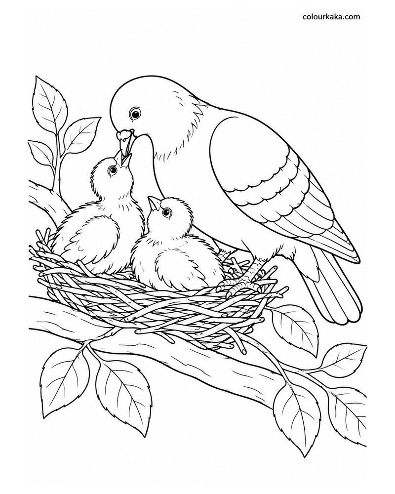 Mother Pigeon Feeding Its Chicks Colouring Page thumbnail