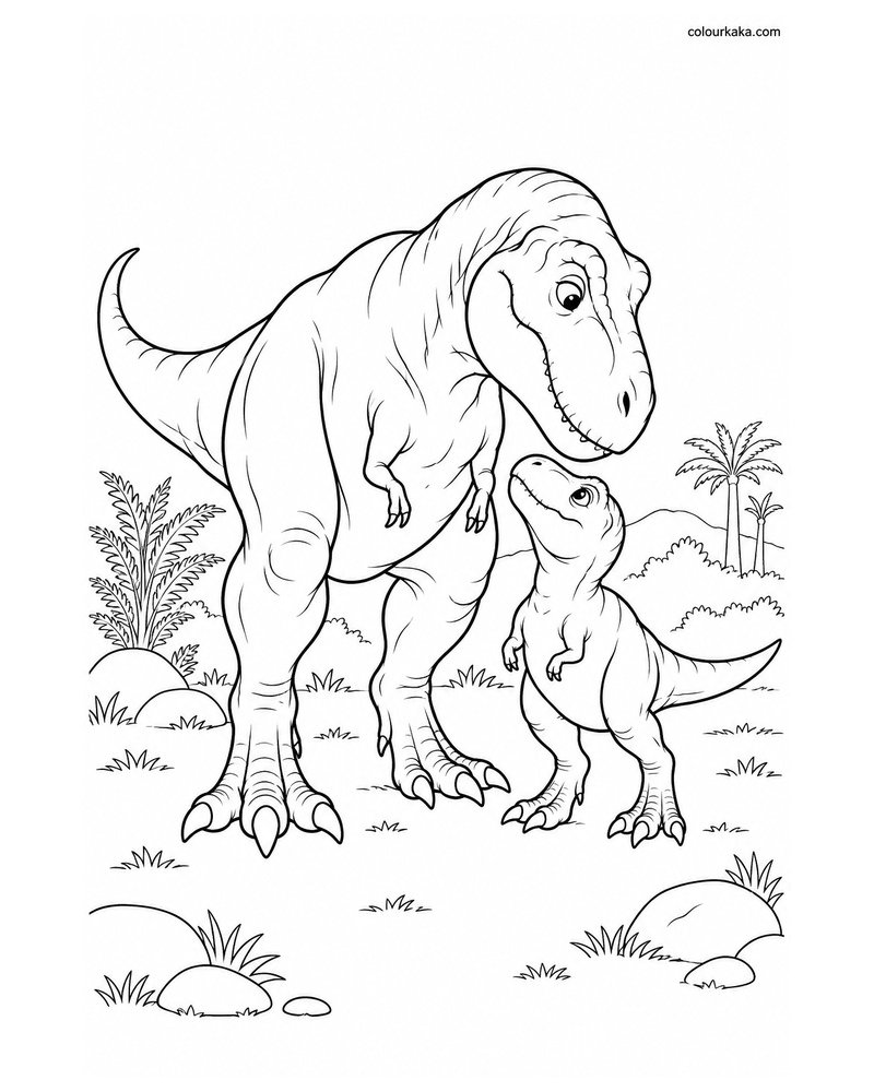 Mother T-Rex with Her Baby Colouring Page thumbnail