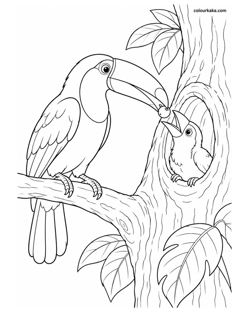 Mother Toco Toucan Feeding Her Chick Colouring Page thumbnail