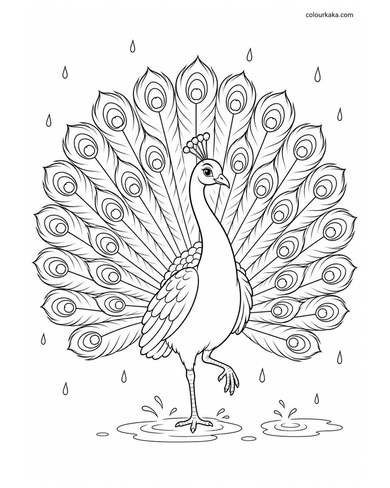 Peacock Dancing in the Rain Colouring Page thumbnail