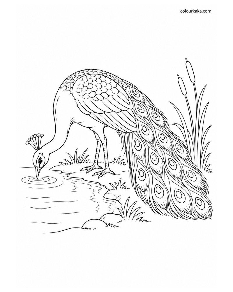 Peacock Drinking Water by a Pond Colouring Page thumbnail