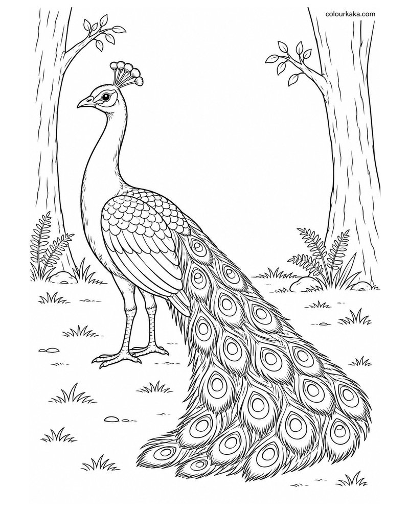 Peacock in a Forest Clearing Colouring Page thumbnail