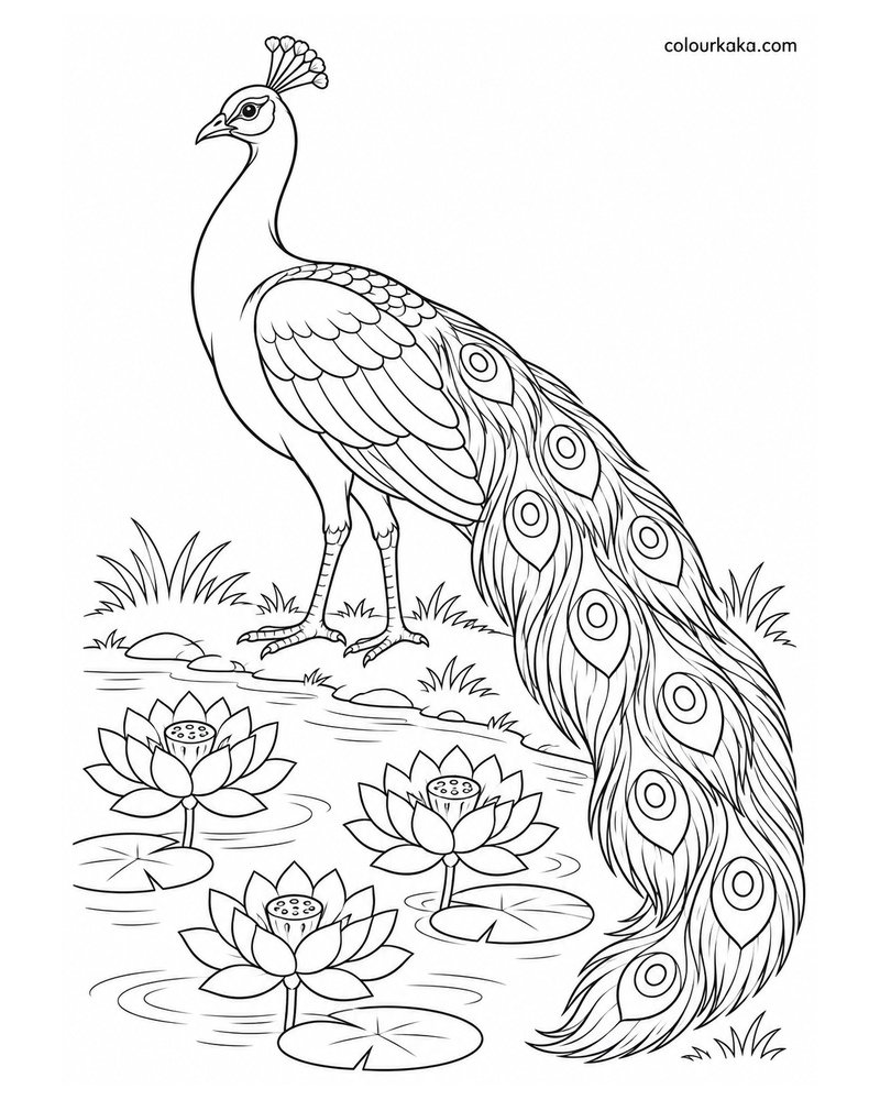 Peacock Near Lotus Flowers Colouring Page thumbnail