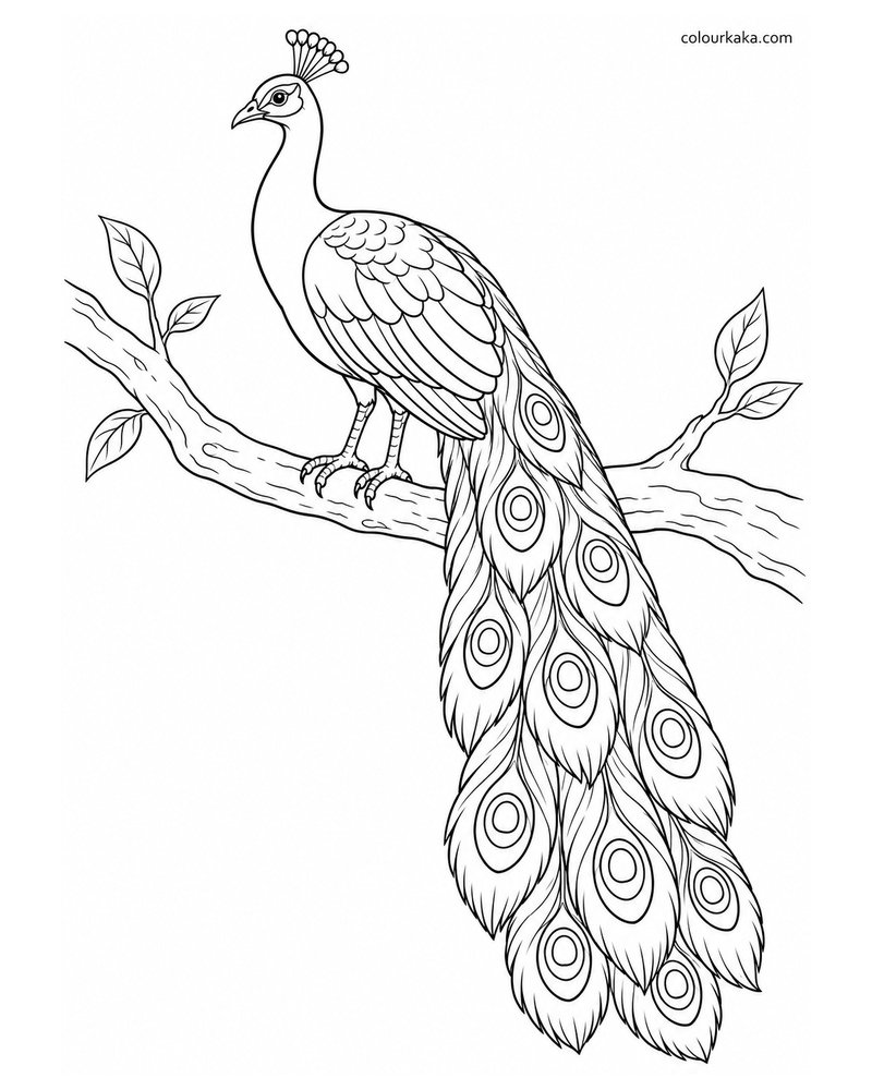 Peacock Resting on a Tree Branch Colouring Page thumbnail